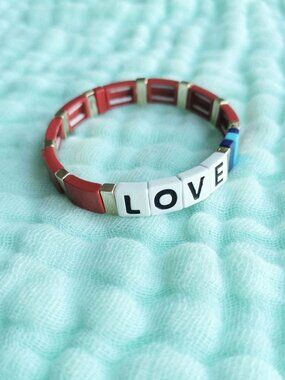 Just Say Love Gold Red Enamel Stretch Bracelet by Roxanne Assoulin